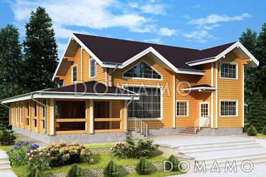 Проект дома из клееного бруса с большой террасой и зимним садом