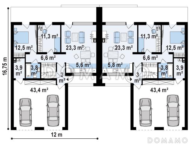 Проект современных мансардных домов-близнецов из газобетона с большим гаражом, открытой террасой на втором этаже и четырьмя спальнями / План 1 этажа