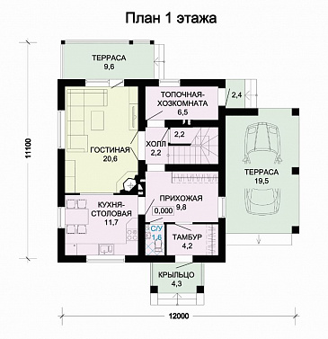 Проект дома из газобетона с навесом для автомобиля / План 1 этажа