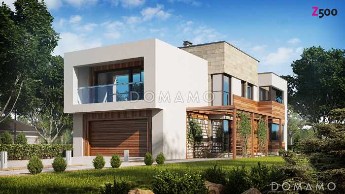 Проект двухэтажного дома из газобетона в стиле модерн, с четырьмя спальнями, кабинетом и гаражом