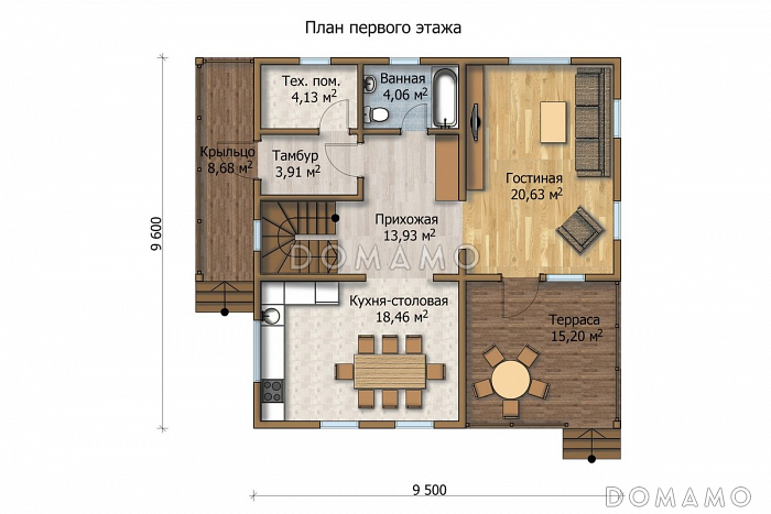 Проект дома из клееного профилированного бруса сечением 180х200 мм / План 1 этажа