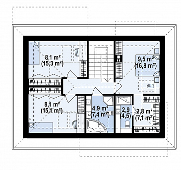 Проект загородного дома с гаражом, кладовой на кухне, мастер-спальней в мансарде / План мансардного этажа