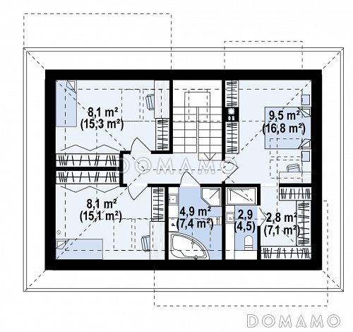 Проект загородного дома с гаражом, кладовой на кухне, мастер-спальней в мансарде / План мансардного этажа