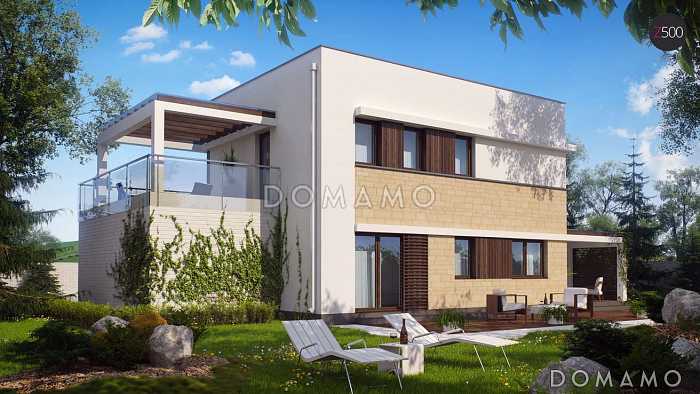 Проект современного двухэтажного дома из кирпича с плоской крышей с кабинетом, гаражом и крытыми террасами на обоих уровнях, адаптированный для сейсмозоны