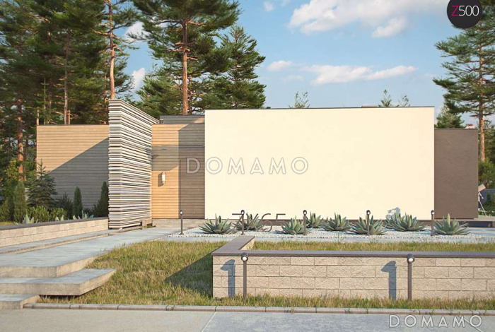 Проект одноэтажного дома из кирпича с плоской крышей, большой площадью остекления и крытой террасой