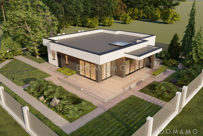 Проект одноэтажного просторного дома в стиле хай-тек с эксплуатируемой кровлей и просторной террасой
