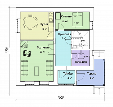 Проект двухэтажного кирпичного дома с французским балконом / План 1 этажа