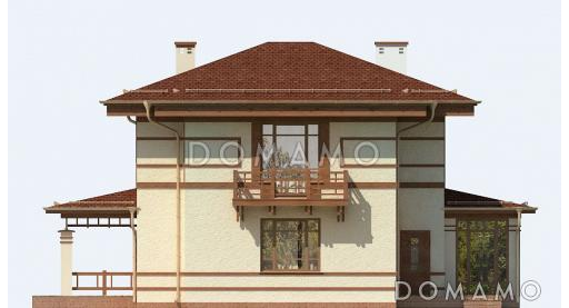 Проект двухэтажного дома из пеноблоков в бежево-коричневом цвете с верандой / Фасад 2