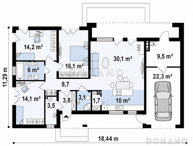 Проект современного одноэтажного дома из кирпича с плоской крышей с тремя спальнями и гаражом / План 1 этажа
