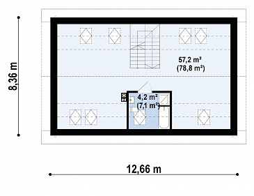 Проект небольшого загородного дома с большим чердаком, кладовой на кухне, двумя спальнями / План мансардного этажа