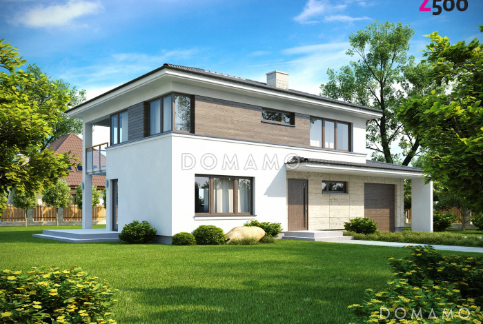 Проект современного двухэтажного дома из кирпича с четырьмя комнатами, гаражом, террасой и балконом