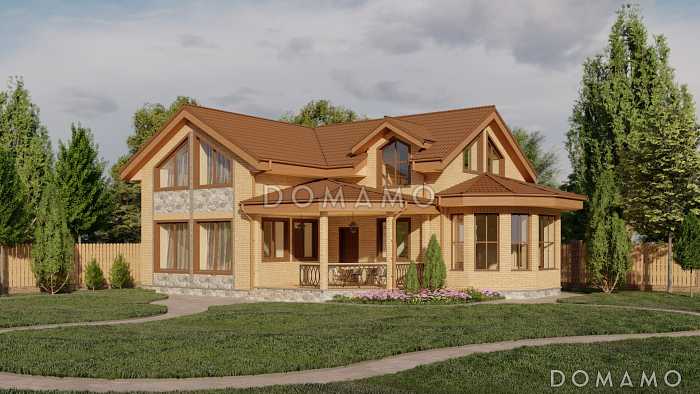 Проект двухэтажной бани с остекленной гостиной, просторной верандой и игровой