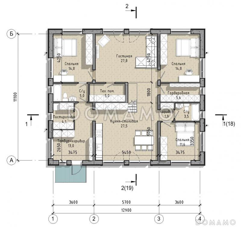 Проект дома с 3 спальнями, кабинетом на мансарде и вторым светом в кухне-столовой / План 1 этажа
