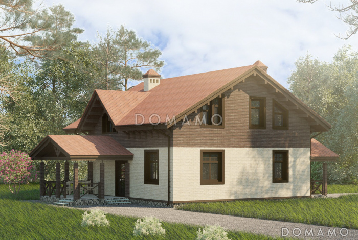 Проект одноэтажного дома из кирпича с мансардой и четырьмя спальнями
