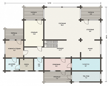 Проект двухэтажного дома из клееного бруса с тремя небольшими террасами на первом этаже / План 1 этажа