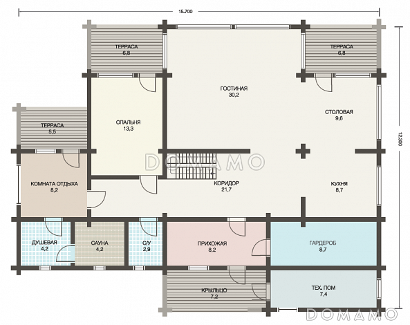 Проект двухэтажного дома из клееного бруса с тремя небольшими террасами на первом этаже / План 1 этажа