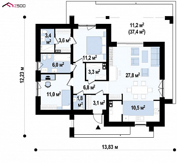 Проект одноэтажного дома в стиле Хай-Тек, с двумя спальнями и приватным санузлом / План 1 этажа