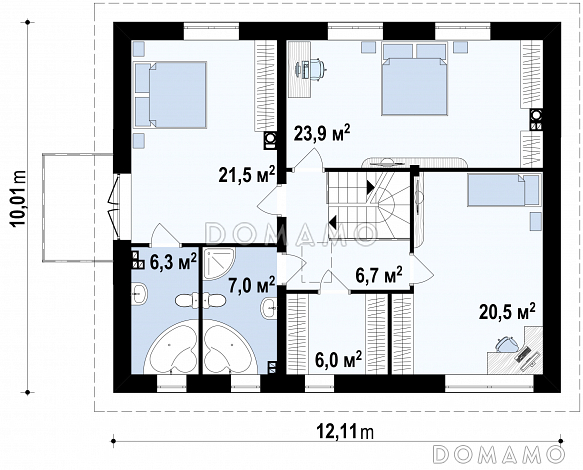 Проект современного двухэтажного дома из газобетона с четырьмя спальнями, балконом и встроенным гаражом  / План 2 этажа