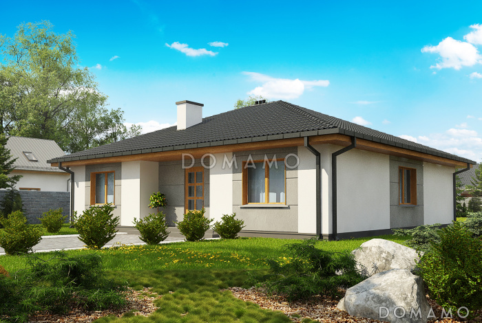 Проект одноэтажного дома с выделенной частной зоной, террасой, большой кухней, кладовой