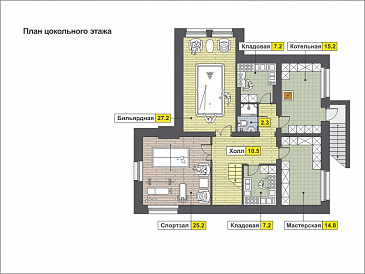 Загородный дом с окнами в пол, с тремя террасами и лоджией / План цокольного этажа