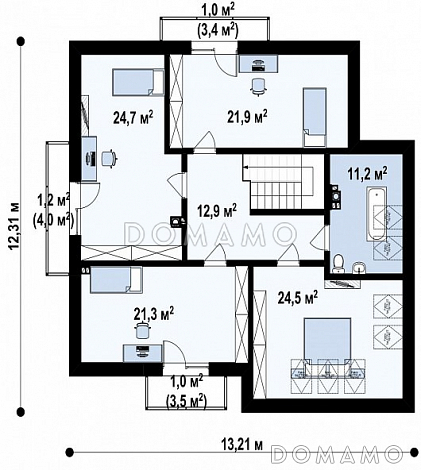 Проект дома с гаражом, террасой, просторной гостиной, балконами в трех комнатах на мансарде / План мансардного этажа