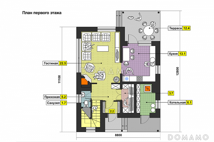 Загородный дом с односкатной крышей, круглым окном, крытой террасой и вторым светом  / План 1 этажа