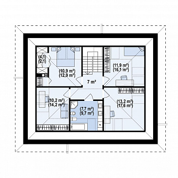 Проект традиционного загородного дома с мансардой, гаражом на одну машину, кладовой на кухне / План мансардного этажа
