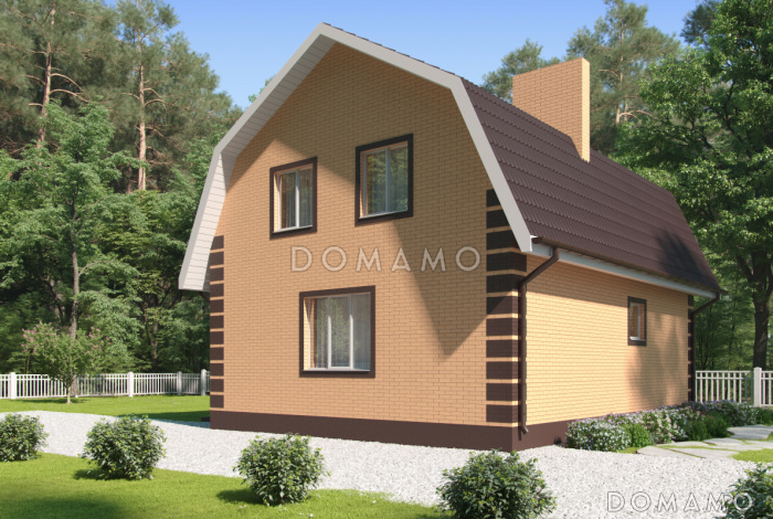 Проект загородного дома с небольшой верандой, спальней на первом этаже, совмещенной кухней-столовой