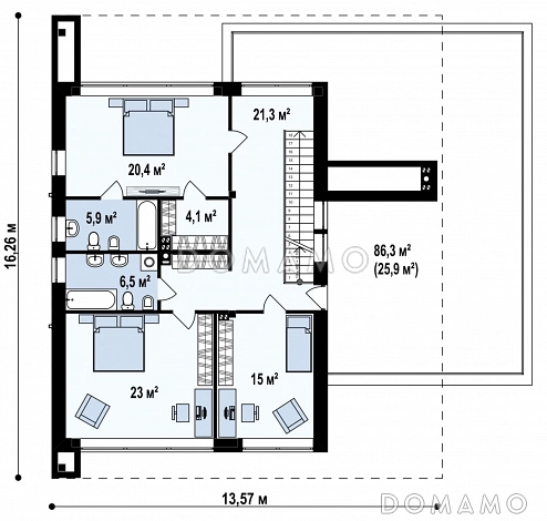 Проект современного двухэтажного дома из газобетона с тремя спальнями, спортзалом, сауной и гаражом для двух автомобилей / План 2 этажа