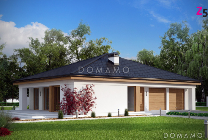 Проект квадратного одноэтажного дома из кирпича с четырьмя комнатами и гаражом для большой семьи