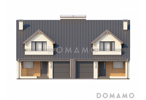 Проект мансардных домов-близнецов из кирпича с гаражом, тремя спальнями и красивым слуховым окном и балконом / Фасад 1