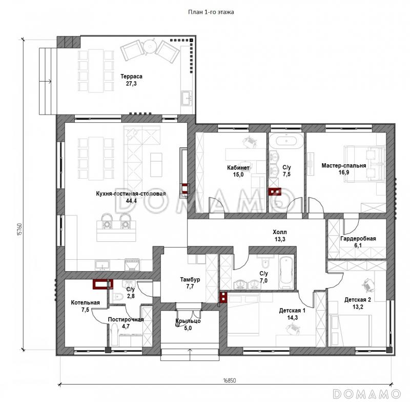 Проект одноэтажного дома с крытой террасой, объединенной кухней-гостиной-столовой, детскими, кабинетом / План 1 этажа