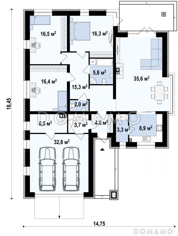 Проект одноэтажного дома из кирпича со стеклянным эркером в просторной гостиной и гаражом на два автомобиля с кирпичной облицовкой / План 1 этажа