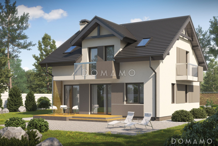 Проект одноэтажного мансардного дома из кирпича в современном исполнении с четырьмя комнатами и балконом