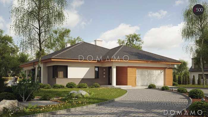 Проект одноэтажного просторного дома из газобетона с крытой террасой, эркером и гаражом для двух автомобилей 