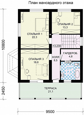 Проект загородного дома из SIP панелей с тремя спальными комнатами на мансардном этаже / План мансардного этажа