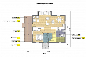 Проект дома из кирпича с отделкой фасадов в стиле фахверк, сауной на мансардном этаже / План 1 этажа