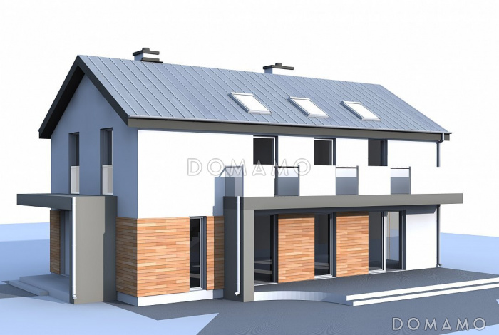 Проект двухэтажного дома из кирпича с двухскатной крышей с четырьмя комнатами и длинным общим балконом