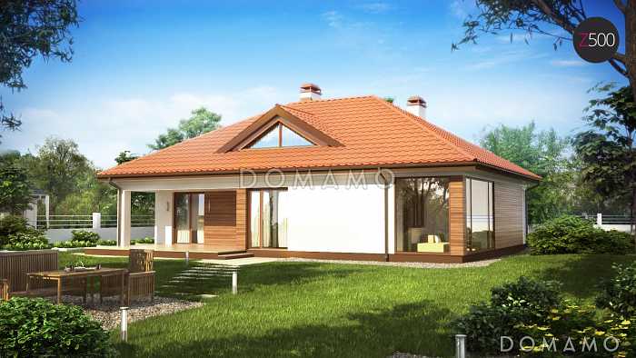 Проект одноэтажного дома из кирпича с крытой террасой и оранжереей