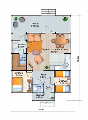 Проект одноэтажного дома из клееного бруса до 100 кв.м / План 1 этажа