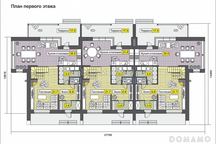 Проект дома с крытой террасой, большой кухней-столовой, просторной гостиной с камином, постирочной, балконом / План 1 этажа