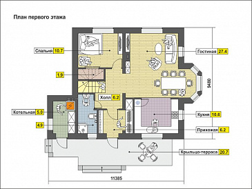 Элегантный дом с мансардным этажом, эркером, красивым крыльцом-террасой / План 1 этажа