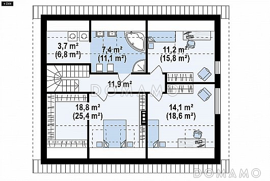 Проект одноэтажного дома с обустроенной мансардой из газобетона с пятью спальнями  / План мансардного этажа