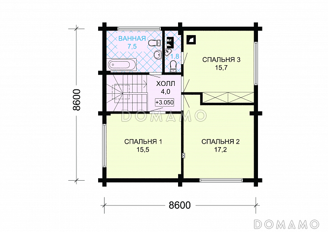 Проект одноэтажного дома из оцилиндрованного бревна с мансардой с просторной гостиной / План мансардного этажа