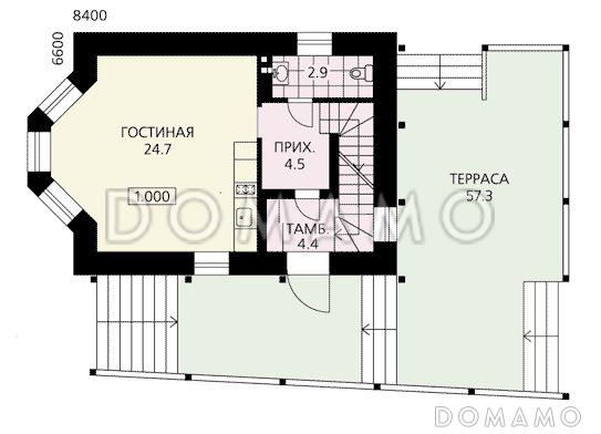 Проект небольшого дома из пеноблоков с эркером, просторной гостиной и большой крытой террасой / План 1 этажа