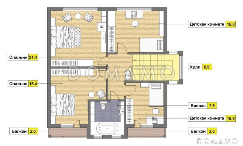 Проект дома из кирпича с цокольным этажом и небольшим бассейном / План мансардного этажа