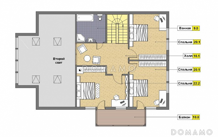 Проект дома из пенобетона с просторной кухней и вторым светом / План мансардного этажа