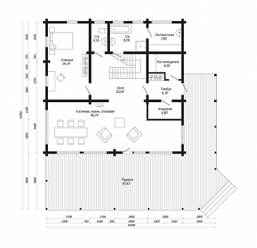Проект дома из клееного бруса с большими панорамными окнами / План 1 этажа