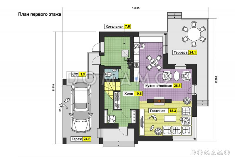 Проект дома с гаражом на одну машину, большой террасой, кабинетом / План 1 этажа