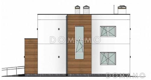 Проект двухэтажного дома с плоской крышей, изолированной кухней-столовой, гостиной с выходом на террасу, гостевой комнатой / Фасад 3
